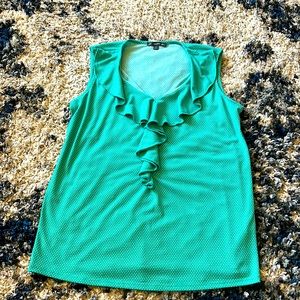 teal and white polka dot ruffle front tank. size s